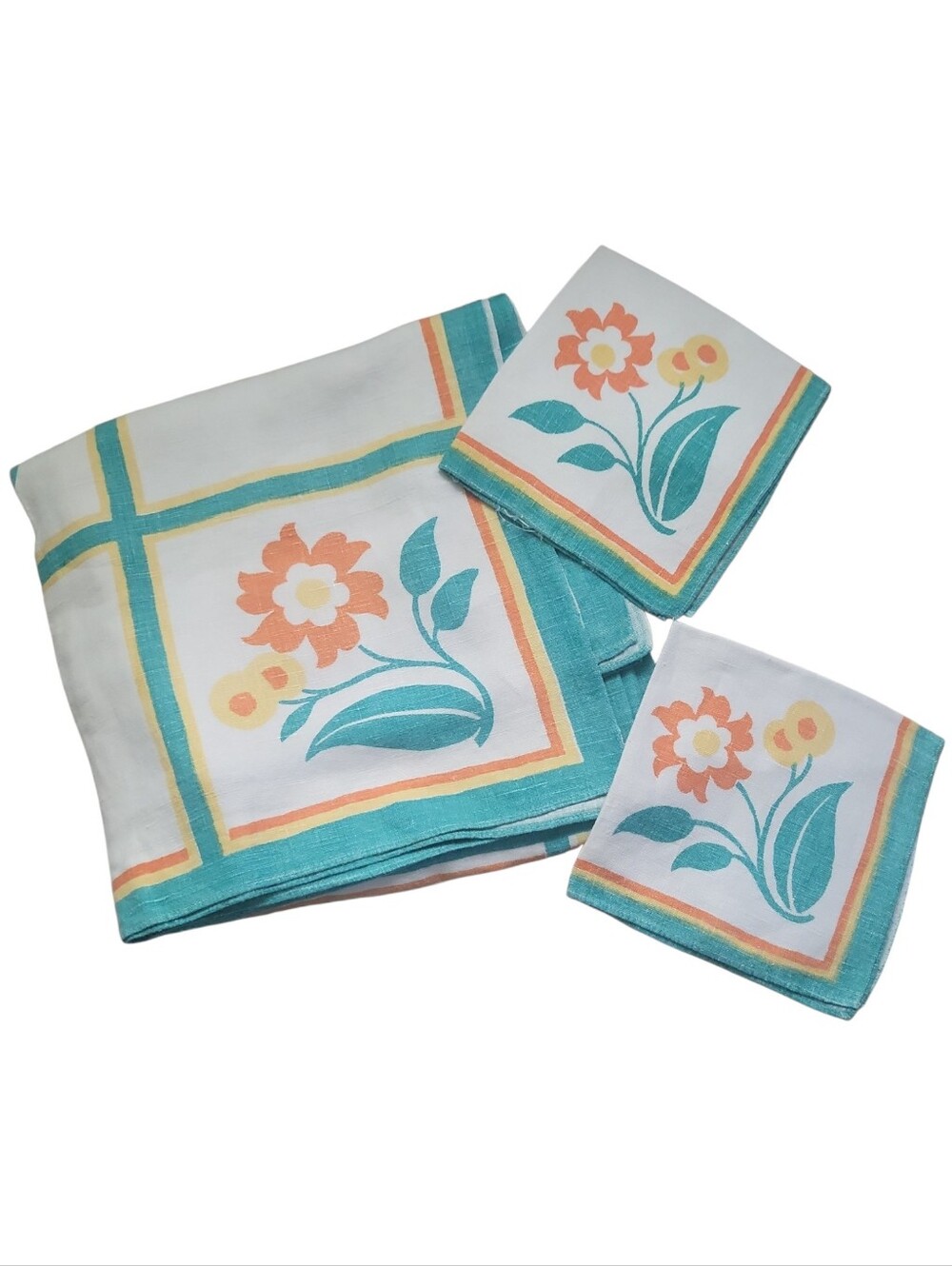 Vintage 50's Floral Linen Square Tablecloth & Napkin Set